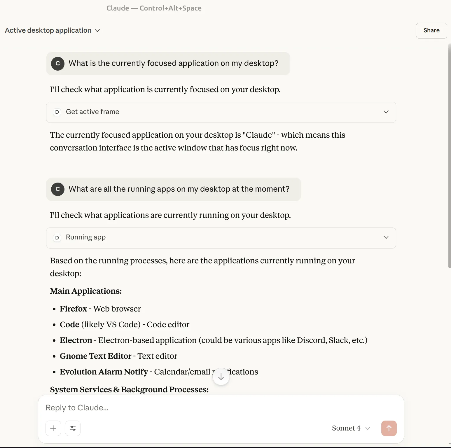 A chat with clude desktop running on Linux. It shows a chat of the user asking for the currently running apps and responds with a list including apps like VSCode and Firefox