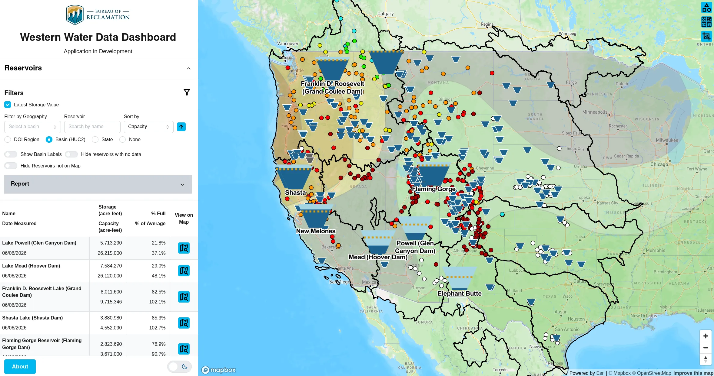 US Bureau of Reclamation Reservoir Dashboard preview